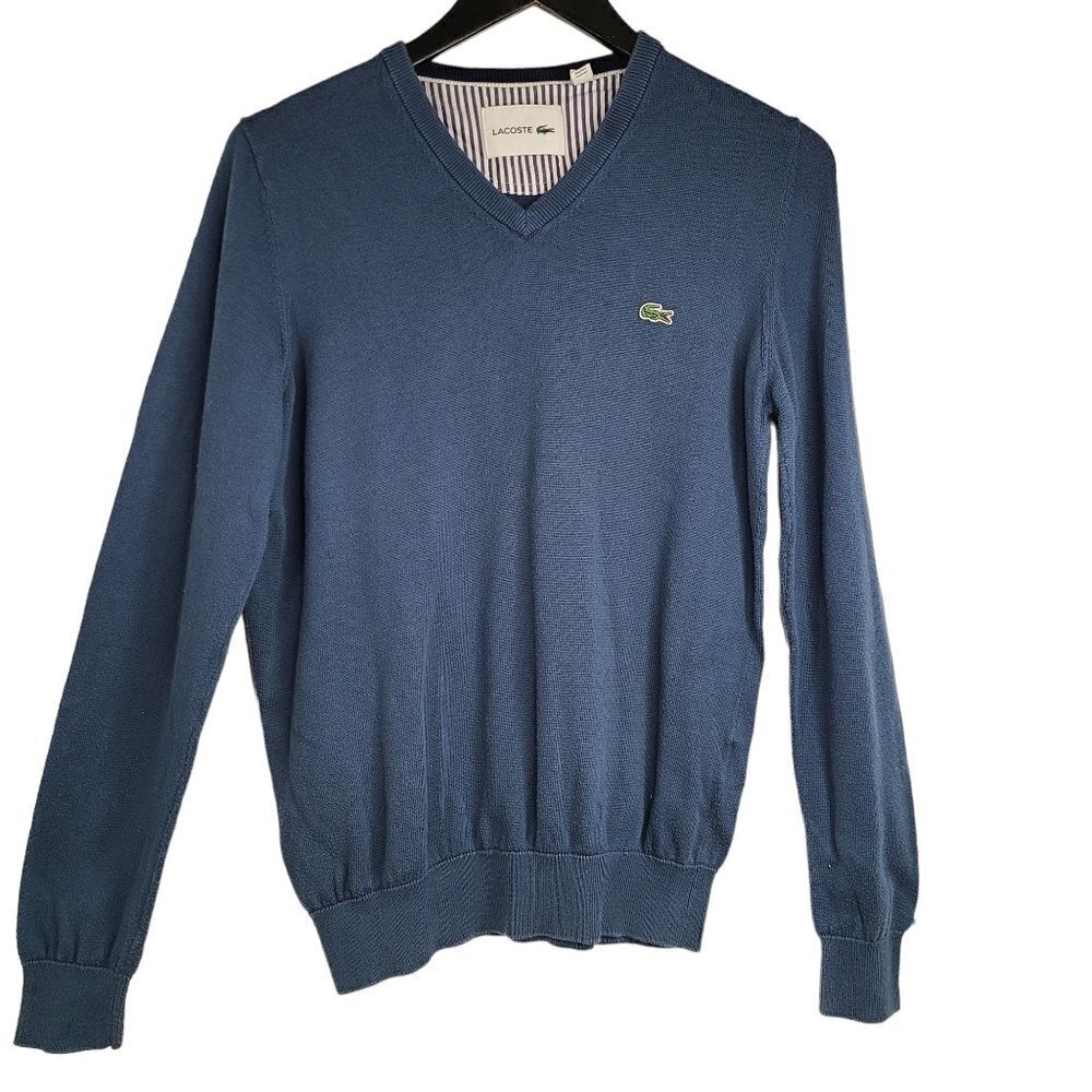 Lacoste Blue V Neck Long Sleeve Pullover Knit Cotton Sweater Top
